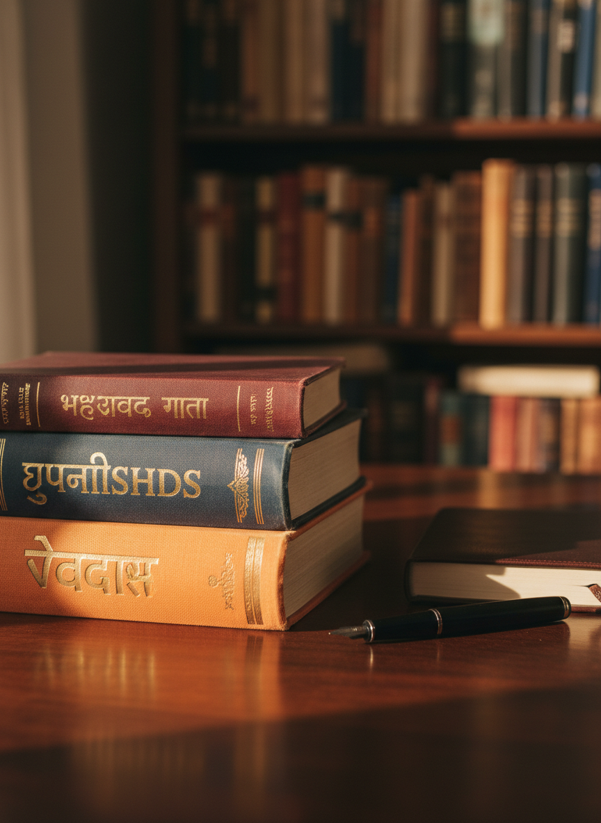 A meticulously arranged stack of well-worn Hindu scriptures—Bhagavad Gita, Upanishads, and Vedas—each with textured cloth covers in deep maroon, indigo, and saffron, and gilded Sanskrit titles softly faded with age. They rest on a smooth dark wooden desk, beside a neatly closed notebook and a fine black fountain pen. Warm late-afternoon sunlight enters from the left, grazing the embossed lettering and creating gentle, elongated shadows. The background fades into a softly blurred bookshelf filled with more sacred texts. Photographic realism, eye-level composition with a shallow depth of field, professional and contemplative mood, emphasizing quiet study and the search for deeper meaning in life through scripture.