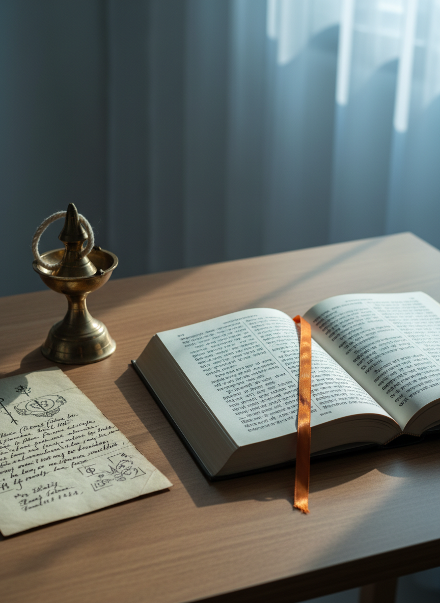 An open Bhagavad Gita in Devanagari script lies at the center of a simple, uncluttered wooden table, its thin cream-colored pages slightly curled at the edges. A single bookmark ribbon in deep saffron marks a pivotal verse. To the side, a small brass oil lamp unlit, and a neatly folded piece of parchment with handwritten notes in dark ink. Cool early-morning natural light filters from a nearby window, giving the scene a soft, diffused glow and delicate shadows. Photographic realism, shot from a slightly elevated angle using the rule of thirds, calm and introspective atmosphere, ideal for illustrating thoughtful commentary on life’s purpose and inner enlightenment.