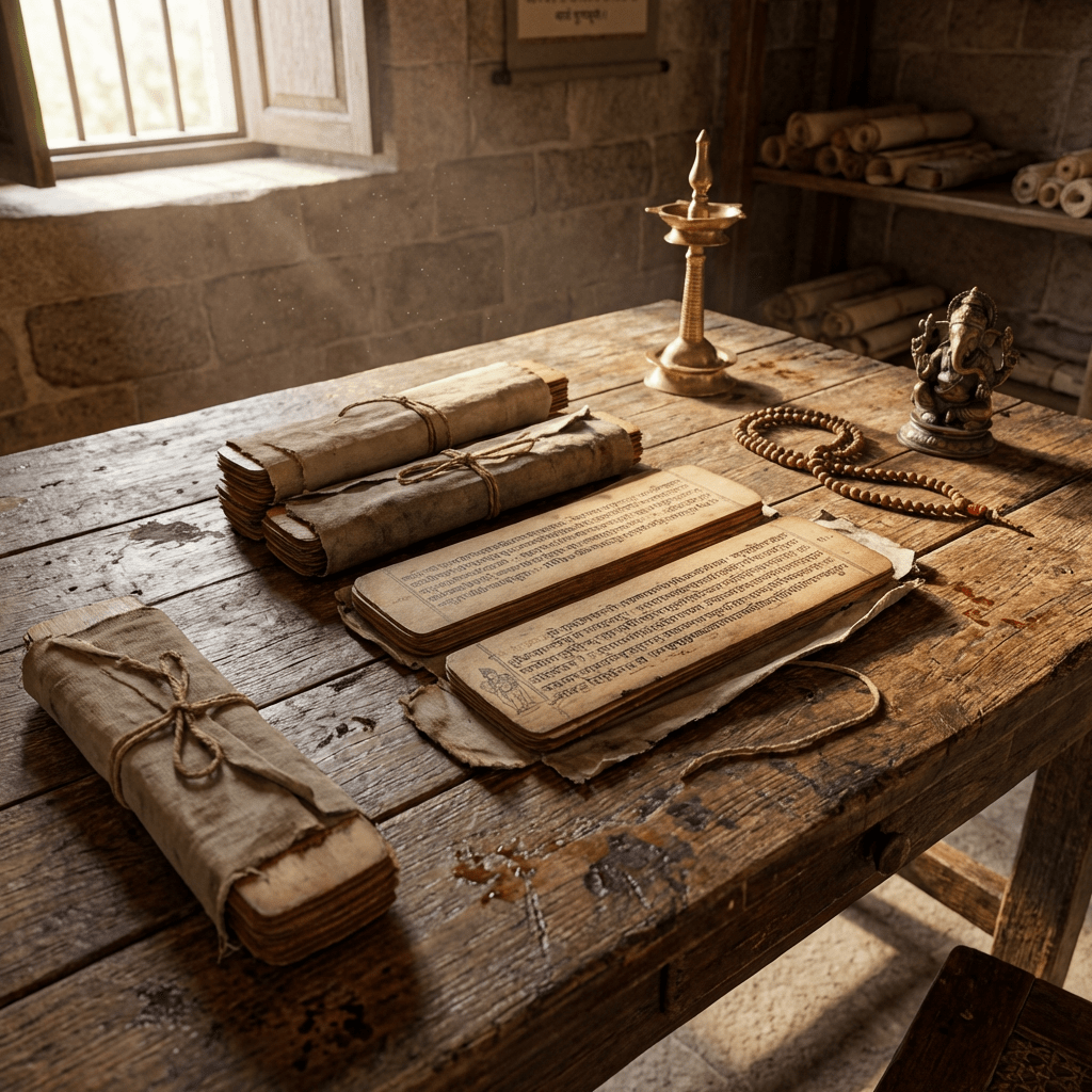 Ancient Sanskrit manuscripts on a wooden table with a Ganesha statue and prayer beads.